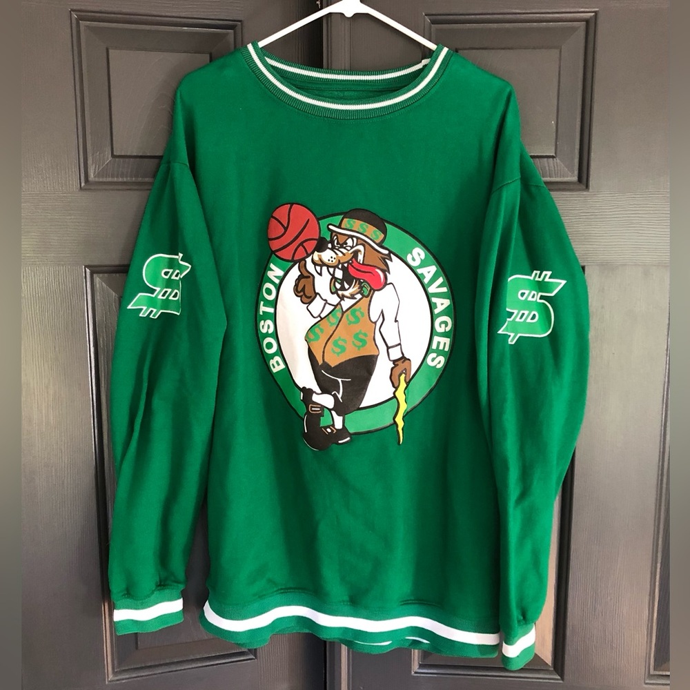 Boston Savages Puffy Paint Wolf Green Sweatshirt Men’s Size XXL Cotton Celtics